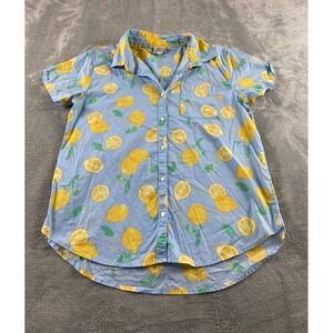 St Johns Bay Womens M. Blue Lemon Print Cotton Short Sleeve Button Down Shirt